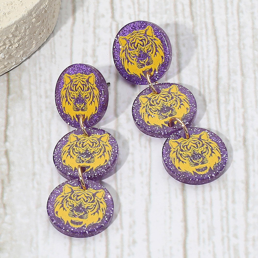 Madeline Love Purple , Yellow Tiger Face Disc Game Day Style Drop Earrings
