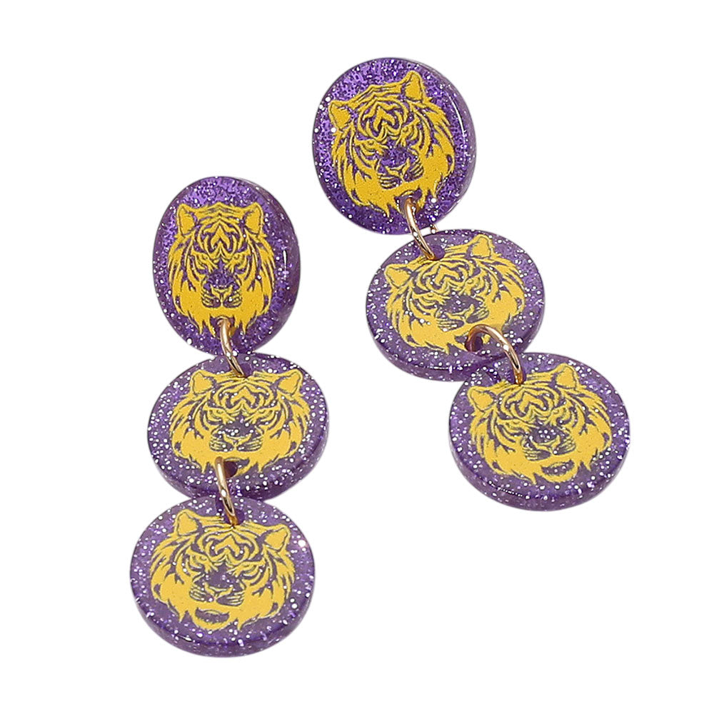 Madeline Love Purple , Yellow Tiger Face Disc Game Day Style Drop Earrings - desc