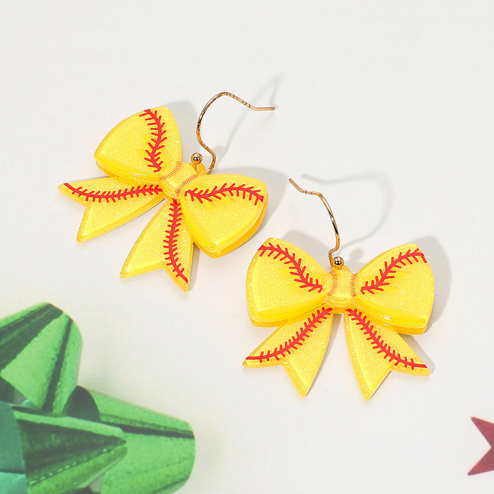 Yellow Resin Softball Bow Dangle Earrings