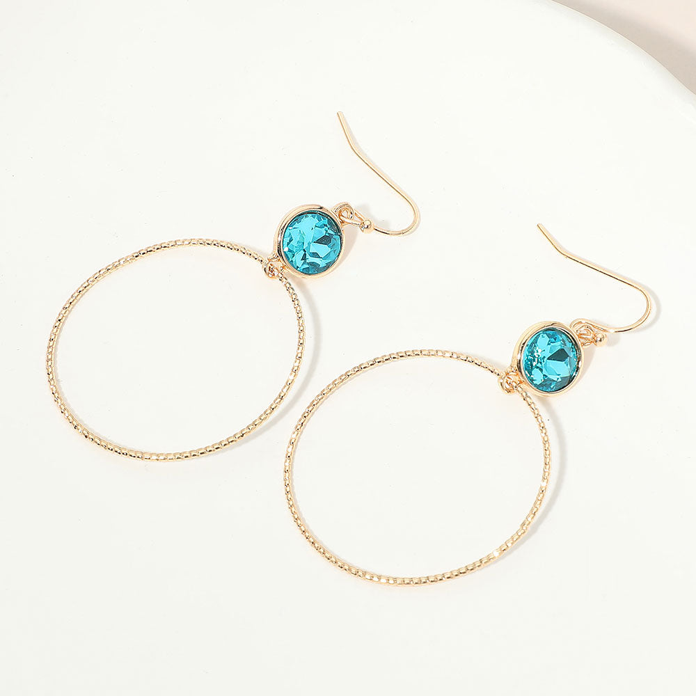 Madeline Love Blue Zircon Round Stone Bezel Accent Open Hoop Drop Link Earrings