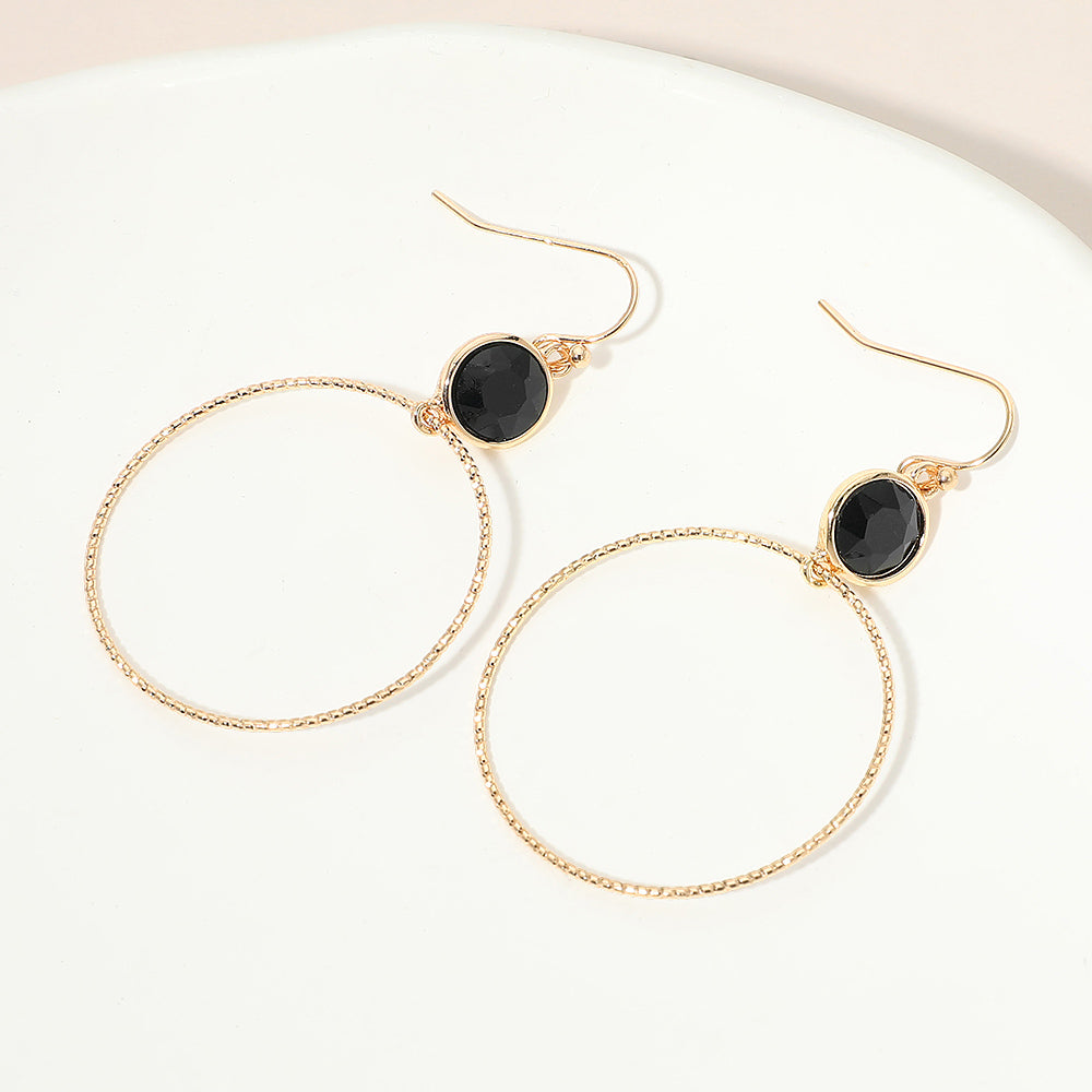 Madeline Love Jet Black Round Stone Bezel Accent Open Hoop Drop Link Earrings