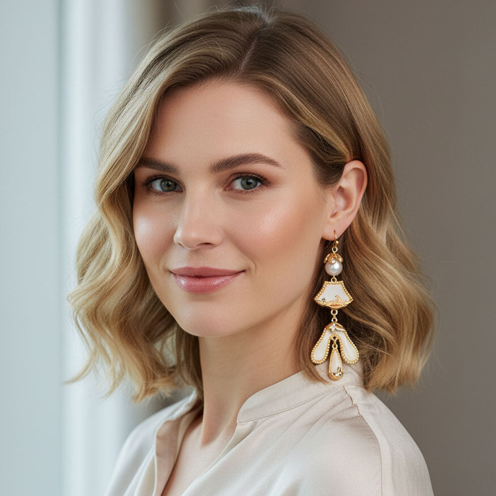 Madeline Love Gold, Ivory Abstract Sculpted Dop Earrings