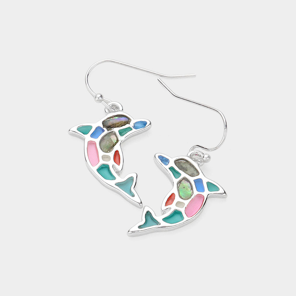 Madeline Love Abalone, Multi, Silver Abalone Pointed Enamel Dolphin Dangle Earrings