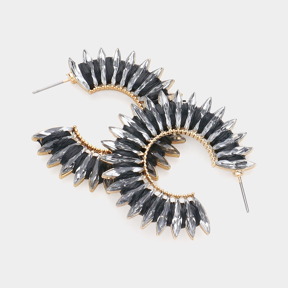 Madeline Love Black, Gold Raffia Wrapped Marquise Stone Cluster Hoop Earrings