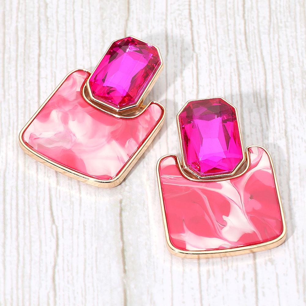 Madeline Love Fuchsia, Gold Geometric Stone Accent Printed Resin Plate Drop Earrings