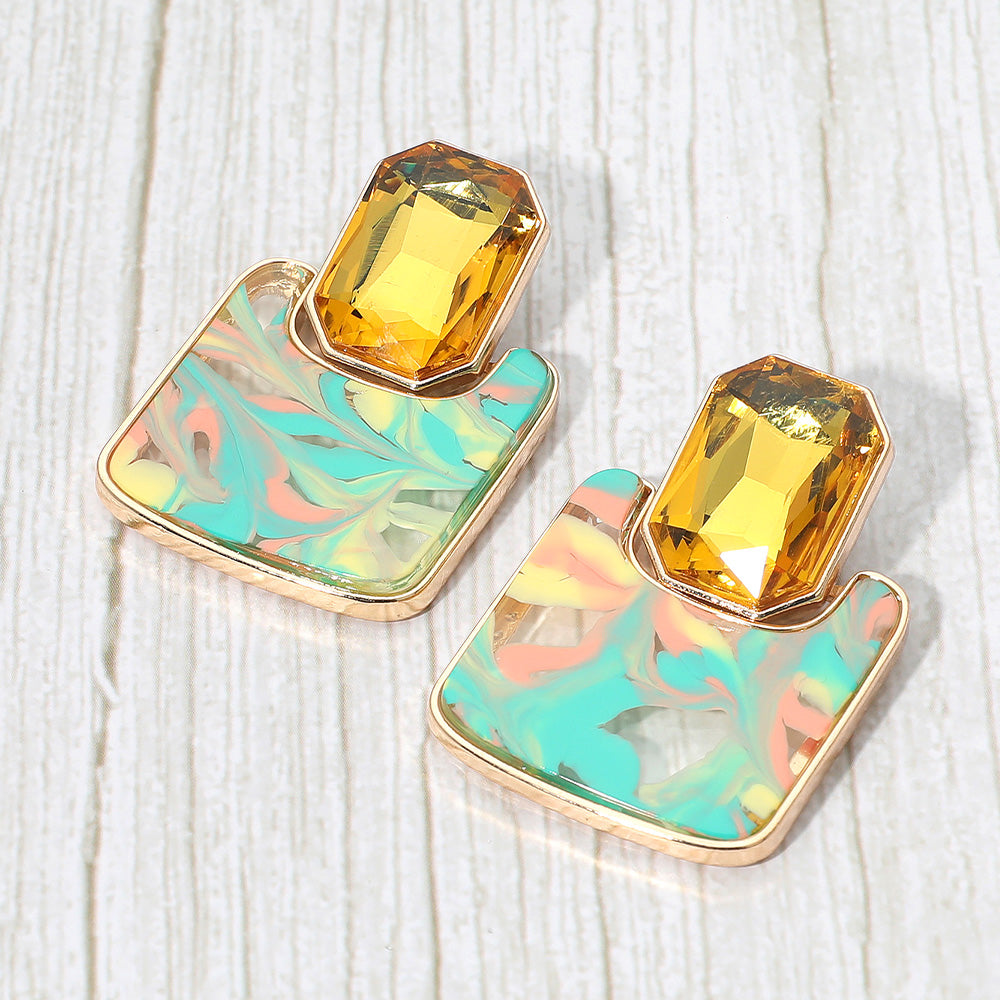 Madeline Love Gold, Multi Geometric Stone Accent Printed Resin Plate Drop Earrings