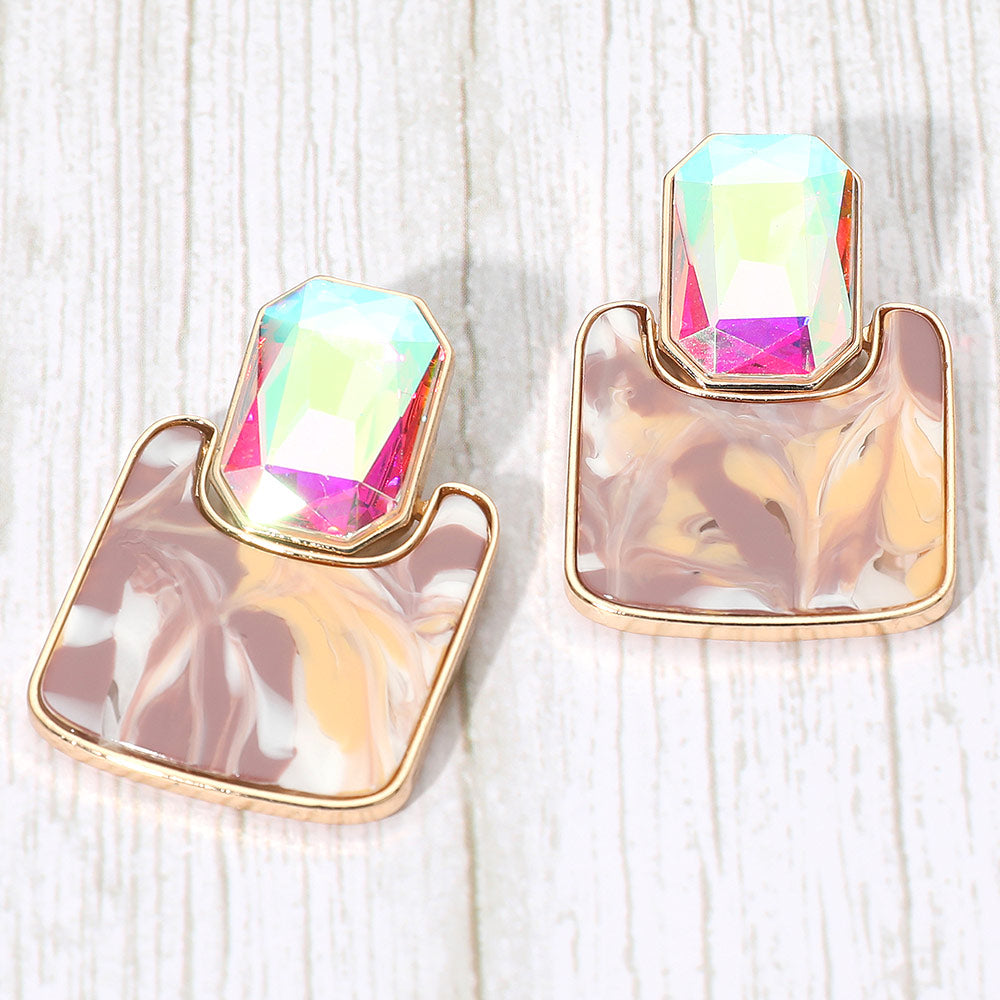 Madeline Love Gold, Neutral Geometric Stone Accent Printed Resin Plate Drop Earrings