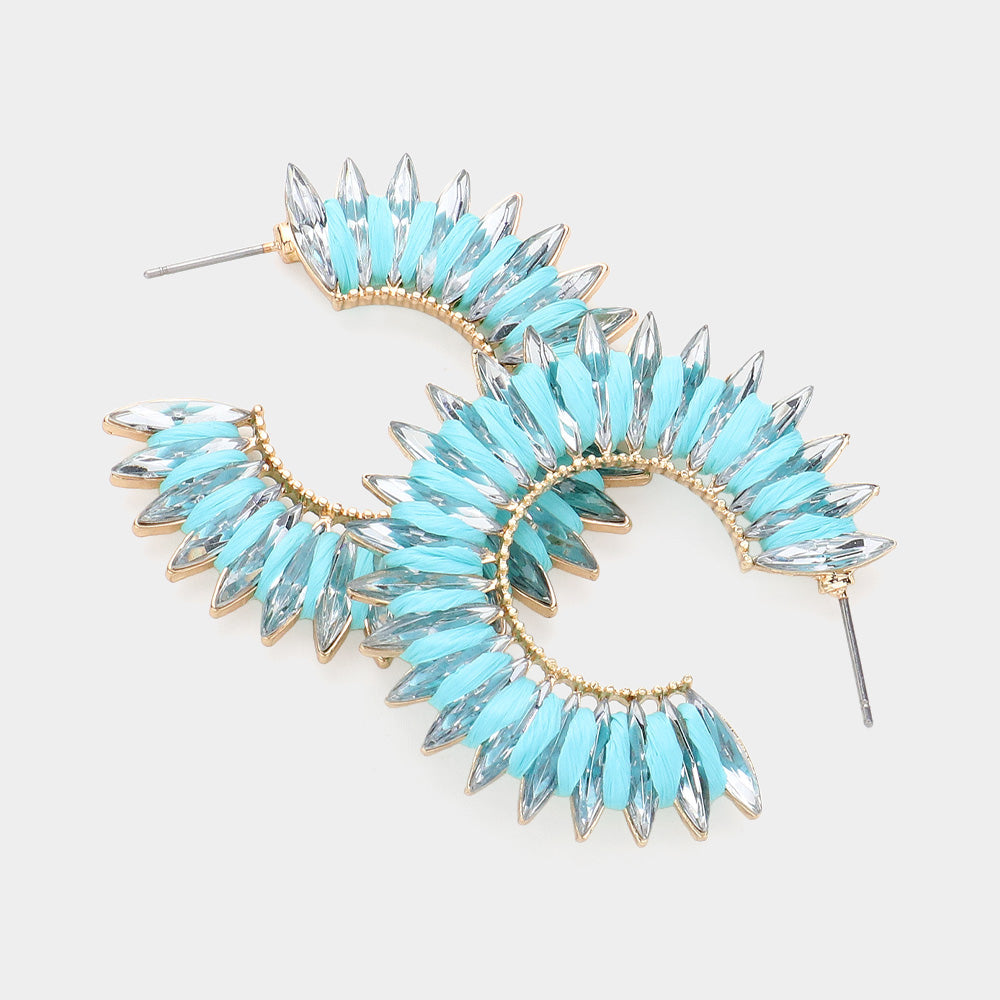 Madeline Love Gold, Turquoise Raffia Wrapped Marquise Stone Cluster Hoop Earrings