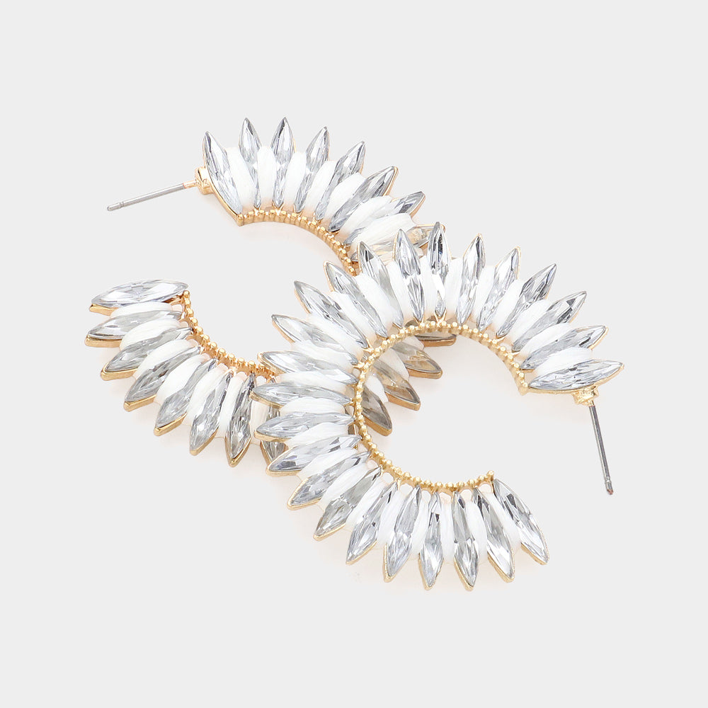 Madeline Love Gold, White Raffia Wrapped Marquise Stone Cluster Hoop Earrings