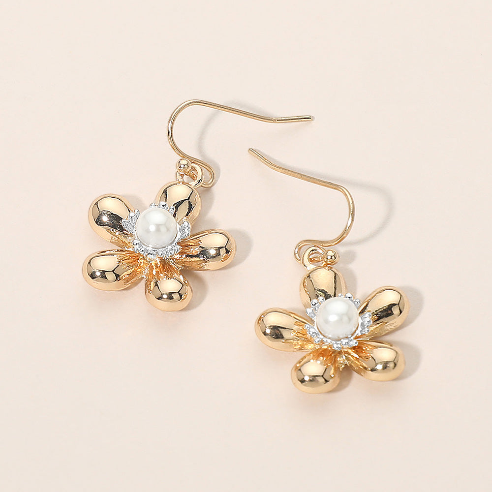 Madeline Love Gold, Two Tone Pearl Accent Two Tone Flower Charm Drop Dangle Earrings