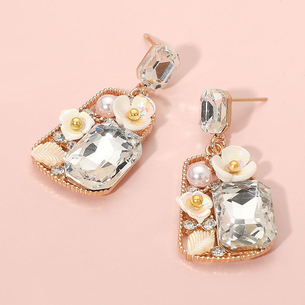 Madeline Love Clear, Cream, Gold Floral Stone Pearl Leaf Accent Frame Dangle Earrings