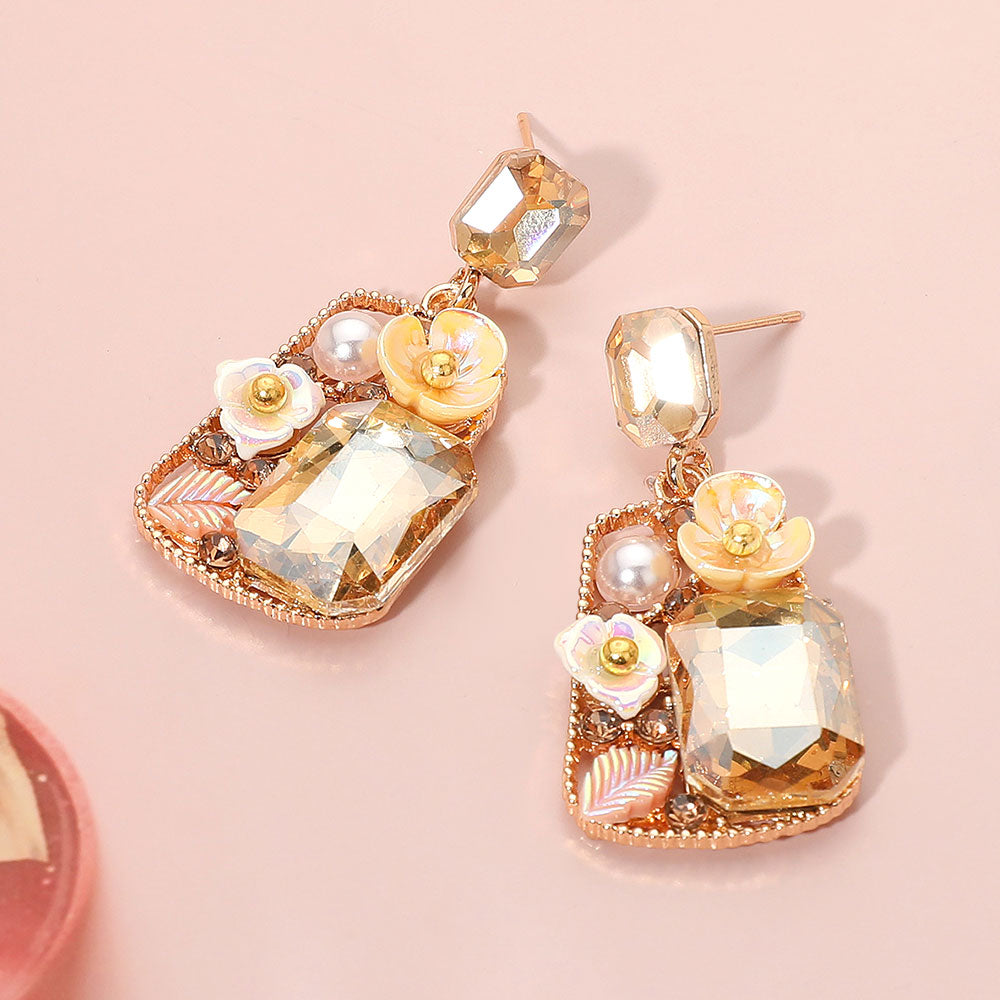 Madeline Love Gold, Neutral Floral Stone Pearl Leaf Accent Frame Dangle Earrings