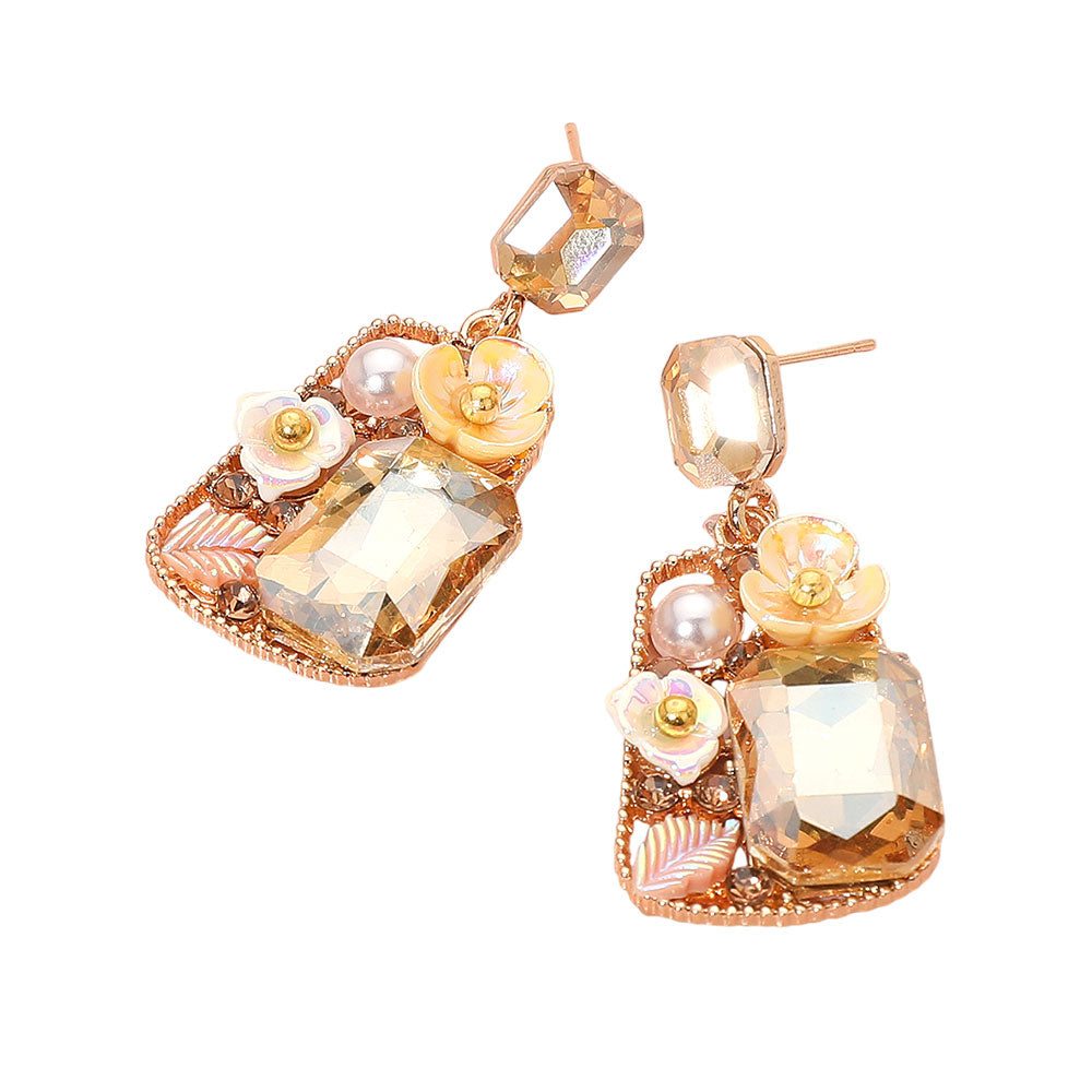 Madeline Love Gold, Neutral Floral Stone Pearl Leaf Accent Frame Dangle Earrings - desc