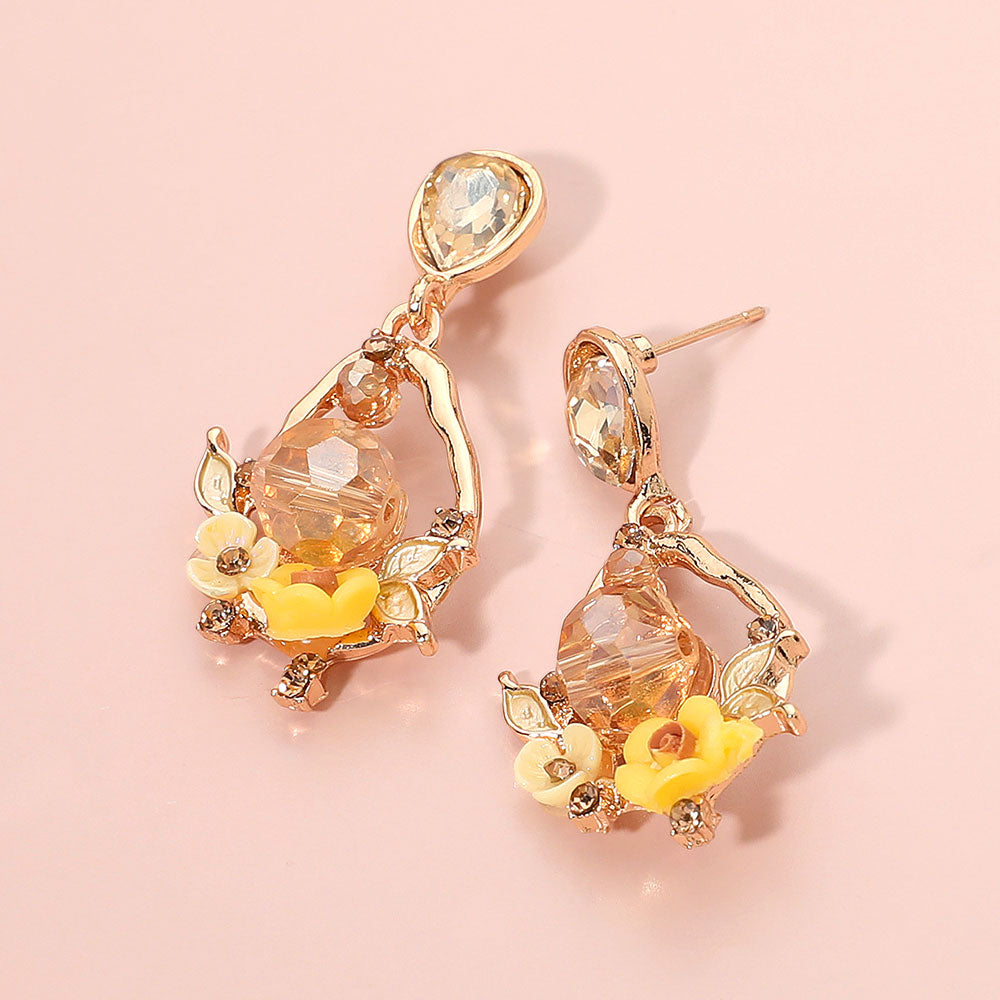 Madeline Love Gold, Neutral Floral Faceted Gem Embellished Teardrop Dangle Earrings