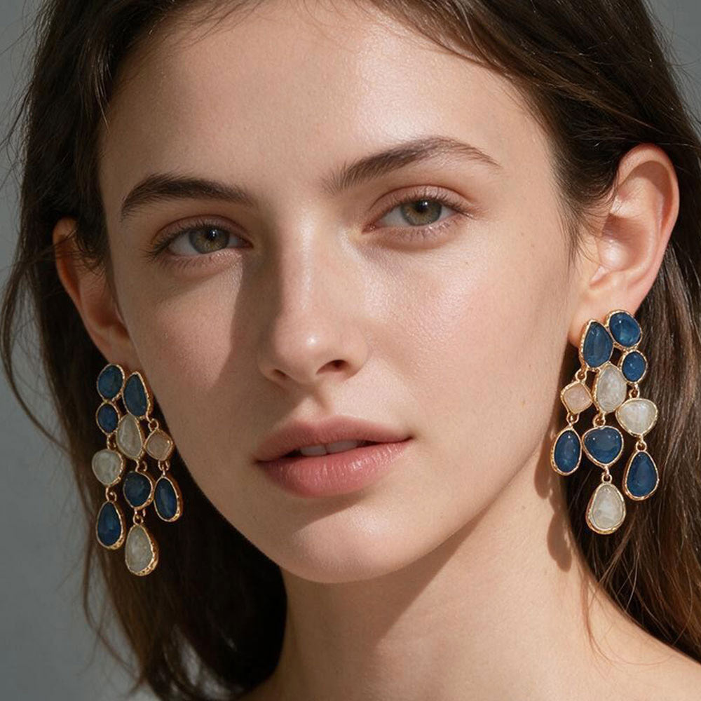 Madeline Love Blue Faceted Stone Pebble Cluster Chandelier Drop Statement Earrings