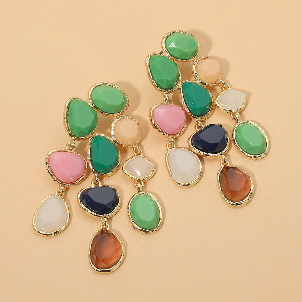 Madeline Love Green, Light Faceted Stone Pebble Cluster Chandelier Drop Statement Earrings