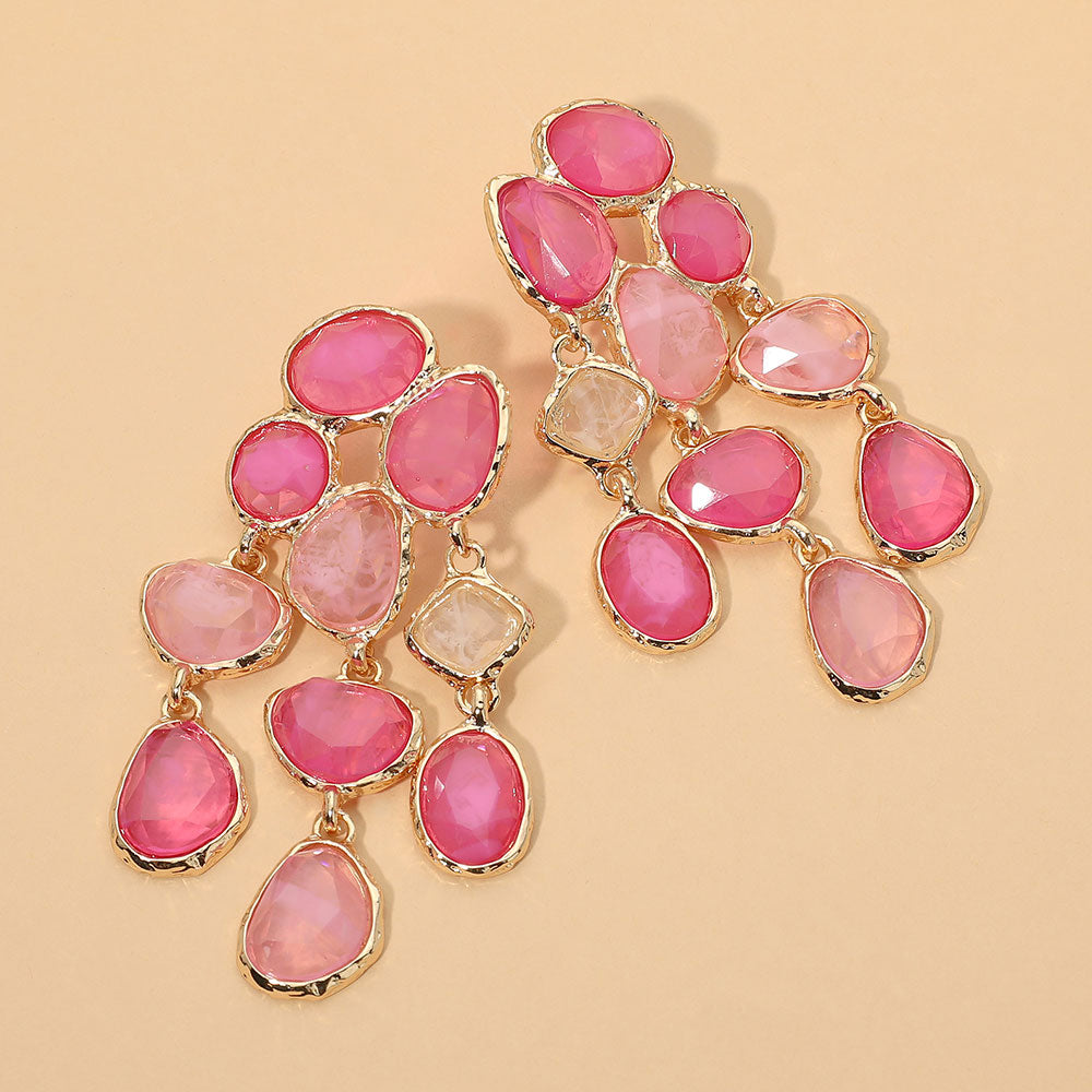 Madeline Love Pink Faceted Stone Pebble Cluster Chandelier Drop Statement Earrings
