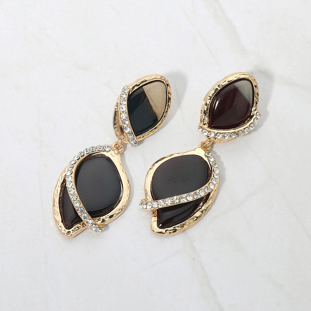 Madeline Love Dark Brown, Gold Rhinestone Pave Accent Abstract Drop Earrings