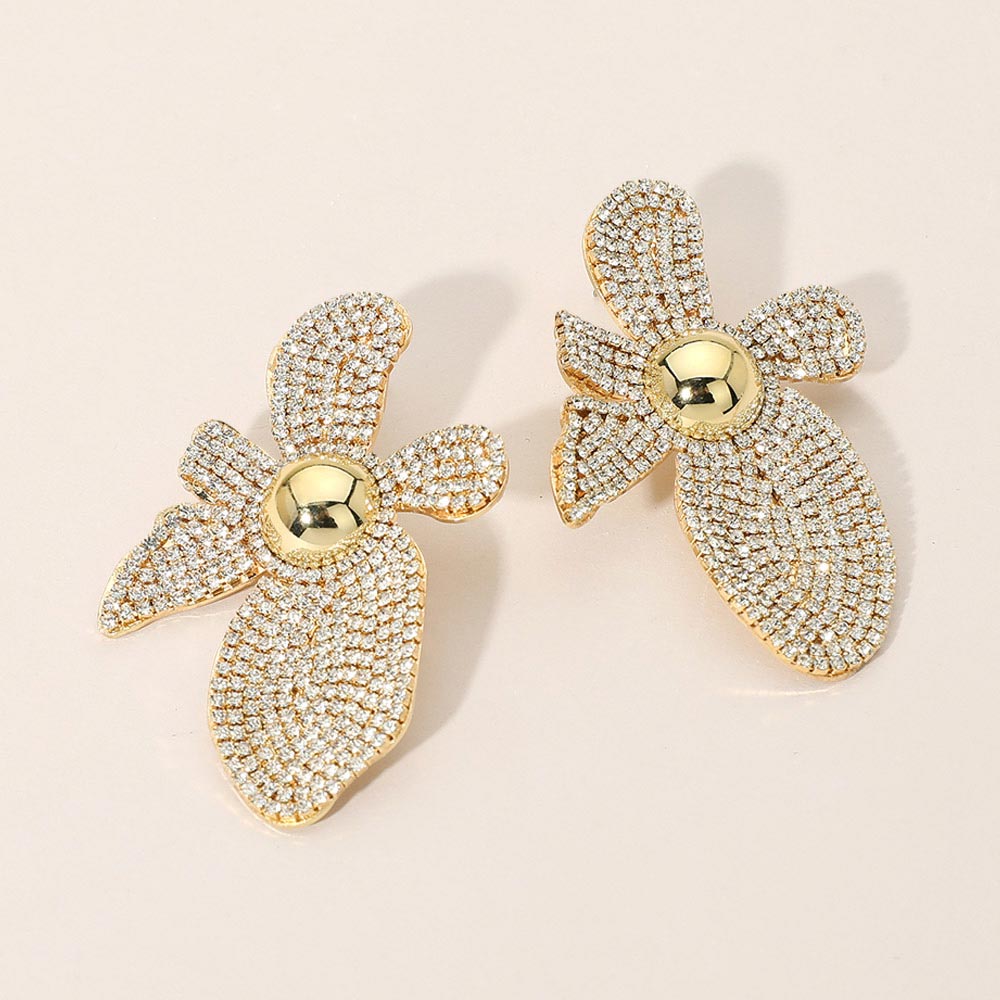Madeline Love Clear, Gold Rhinestone Pave Flower Statement Earrings
