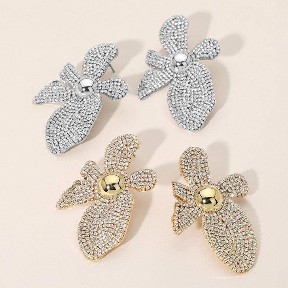 Madeline Love Clear, Gold Rhinestone Pave Flower Statement Earrings - extra