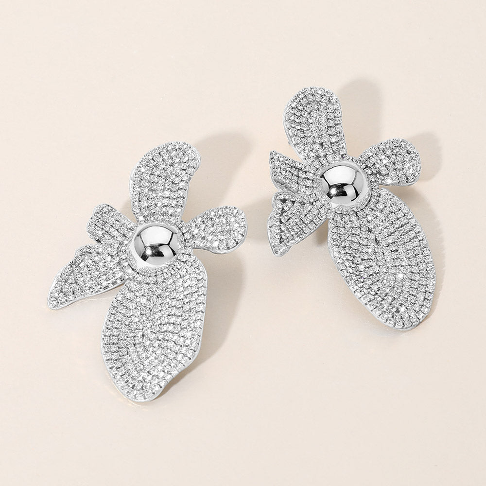 Madeline Love Clear, Rhodium Rhinestone Pave Flower Statement Earrings
