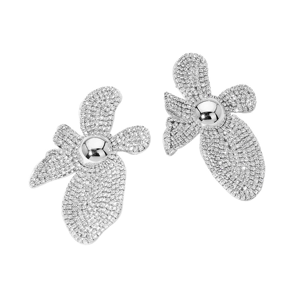 Madeline Love Clear, Rhodium Rhinestone Pave Flower Statement Earrings - desc