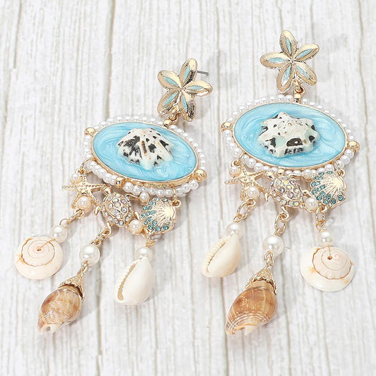 Madeline Love Aqua, Gold, Neutral Pearl Embellished Coastal Shell Charm Drop Statement Earrings