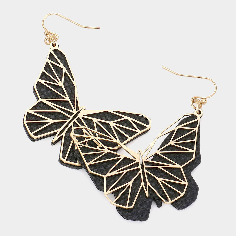 Madeline Love Jet Black Faux Leather Back Metal Laser Cut Butterfly Dangle Earrings