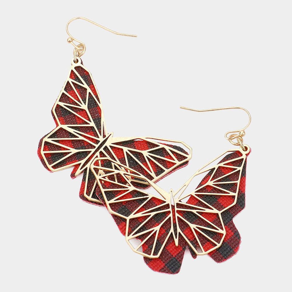 Madeline Love Red Faux Leather Back Metal Laser Cut Butterfly Dangle Earrings
