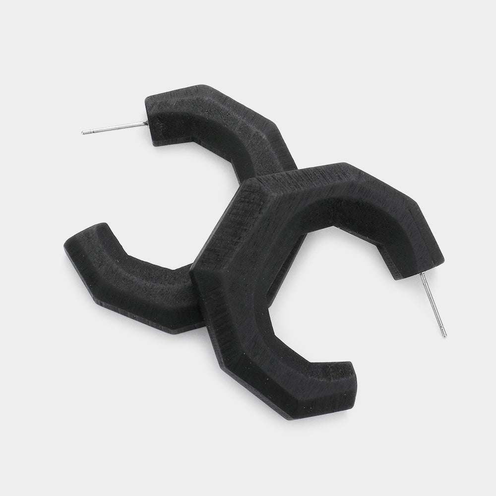 Madeline Love Jet Black Angled Wood Hoop Earrings