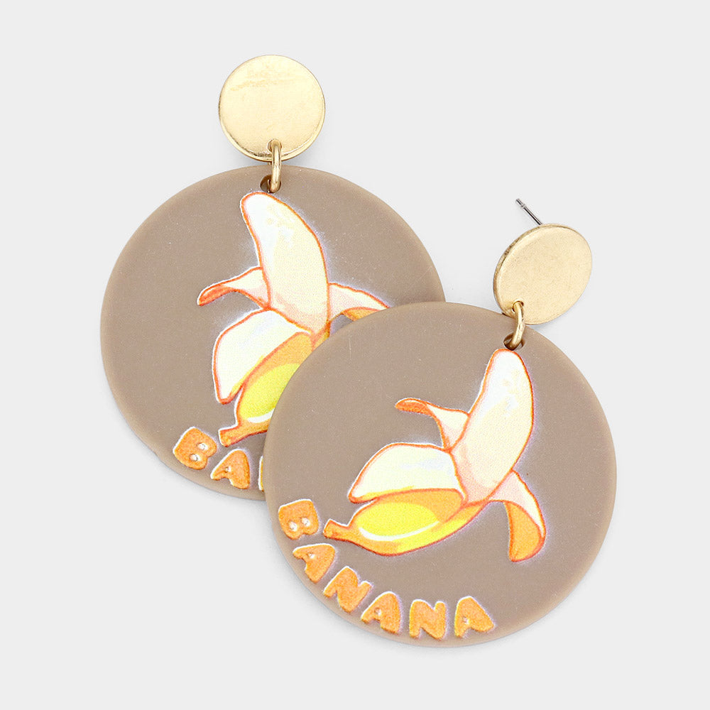 Madeline Love Brown, Worn Gold Banana Printed Resin Round Dangle Earrings