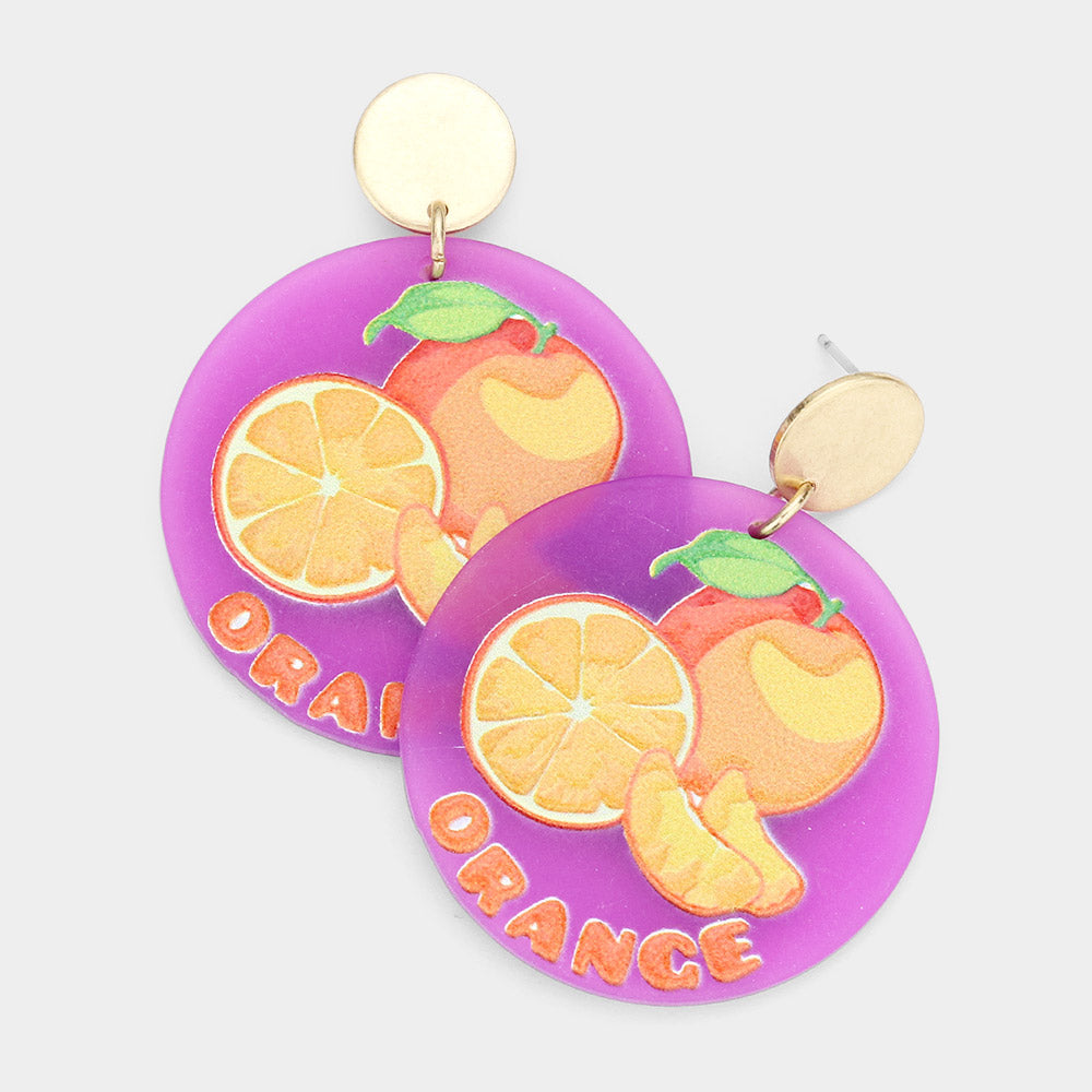 Madeline Love Purple , Worn Gold Orange Printed Resin Round Dangle Earrings