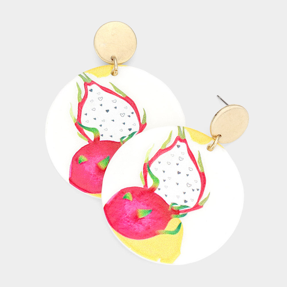 Madeline Love White, Worn Gold Dragon Fruit Printed Resin Round Dangle Earrings