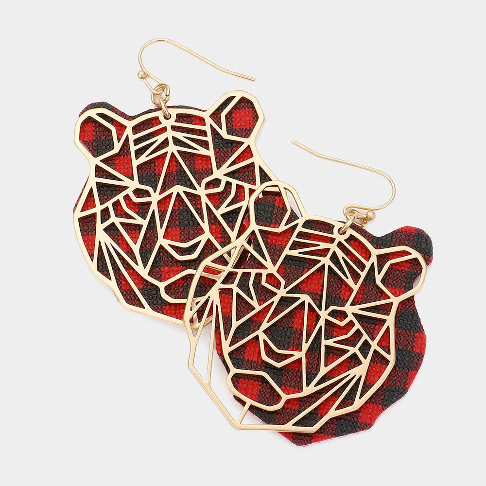 Madeline Love Red Faux Leather Back Metal Laser Cut Tiger Face Dangle Earrings