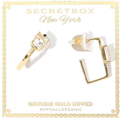 Madeline Love Gold SECRET BOX_Genuine Gold Dipped Emerald Cut Stone Cluster Accent Square Hoop Earrings