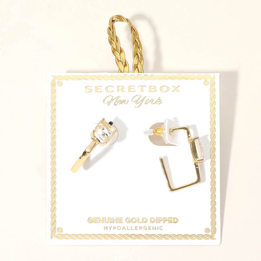 Madeline Love Gold SECRET BOX_Genuine Gold Dipped Emerald Cut Stone Cluster Accent Square Hoop Earrings - desc
