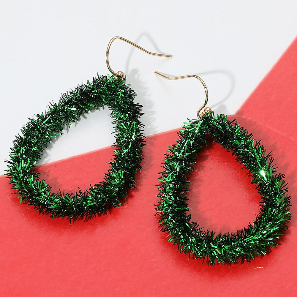 Madeline Love Green Christmas Tinsel Open Teardrop Dangle Earrings