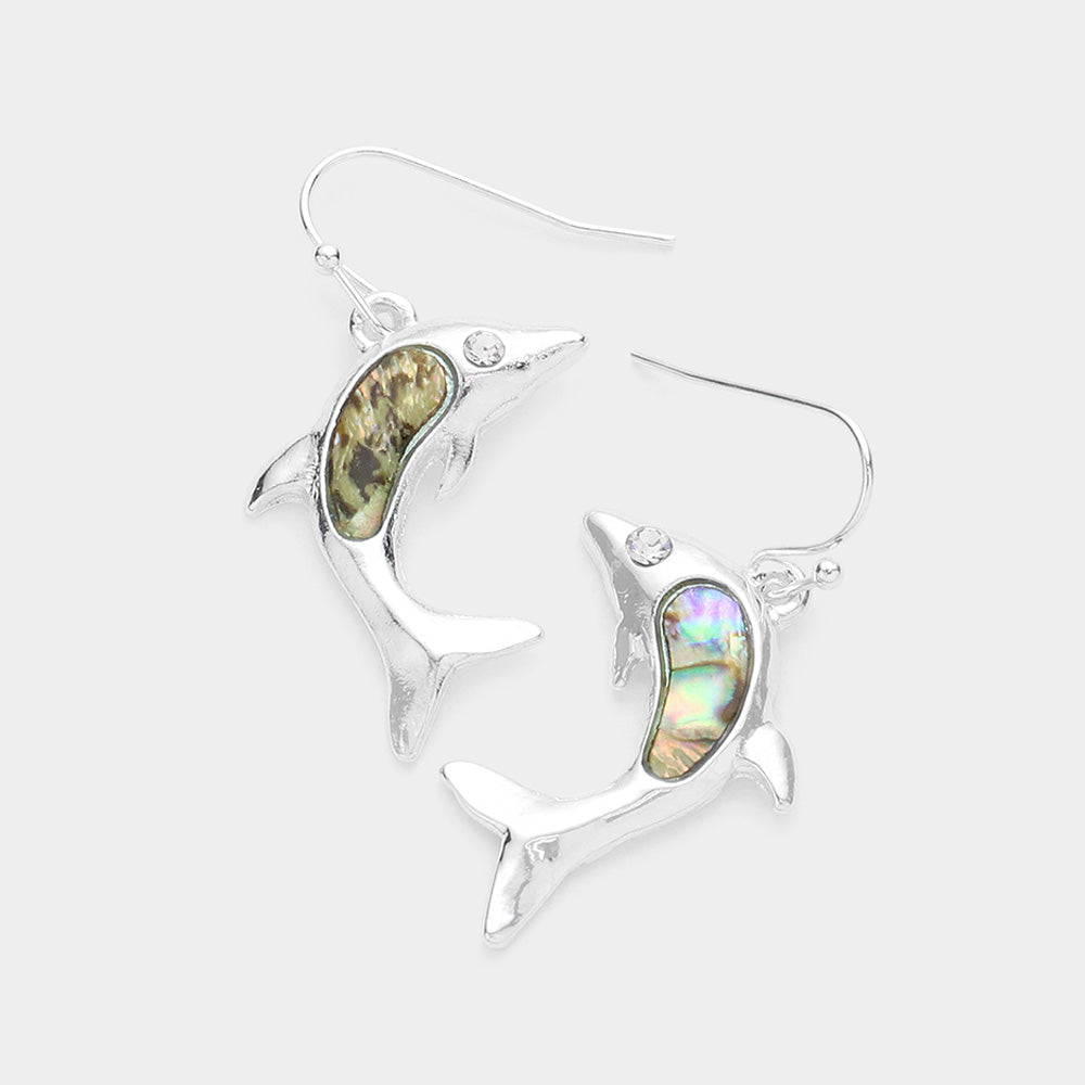 Abalone, Silver Stone Embellished Abalone Dolphin Dangle Earrings