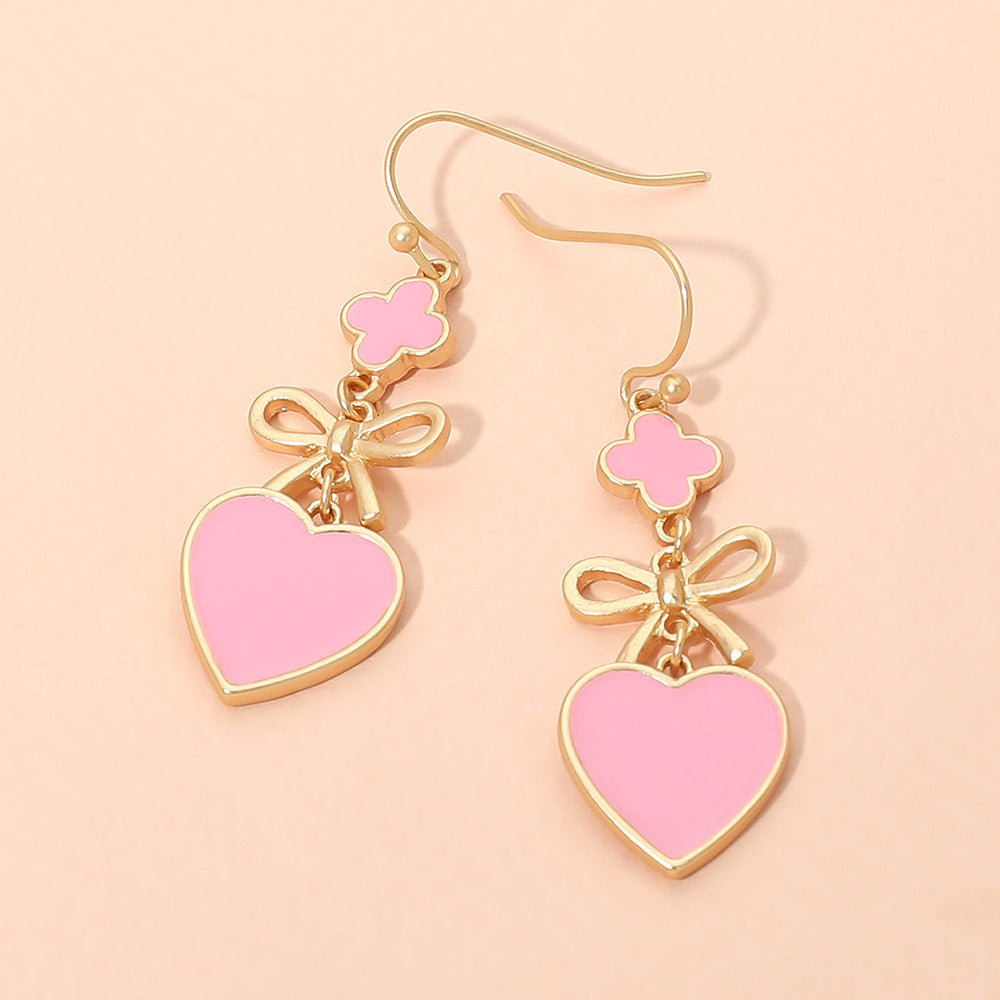 Madeline Love Pink Quatrefoil Bow Heart Link Drop Earrings