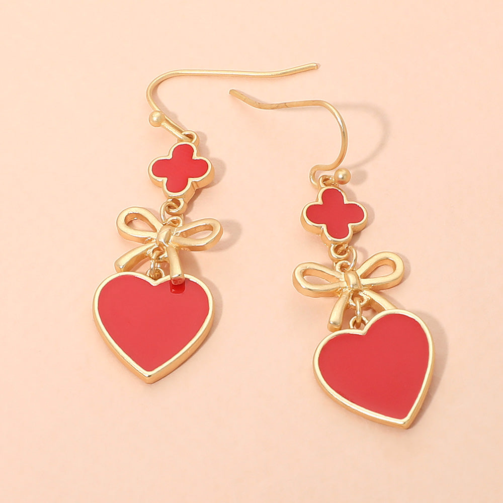 Madeline Love Red Quatrefoil Bow Heart Link Drop Earrings