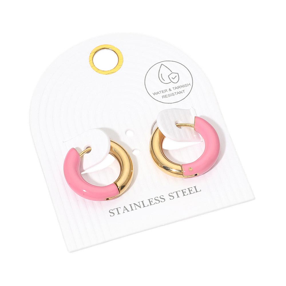 Madeline Love Gold, Hot Pink Stainless Steel Two Tone Chunky Huggie Hoop Earrings - desc