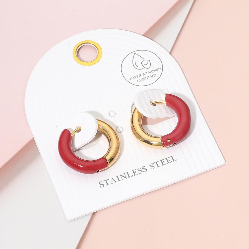 Madeline Love Burgundy, Gold Stainless Steel Two Tone Chunky Huggie Hoop Earrings