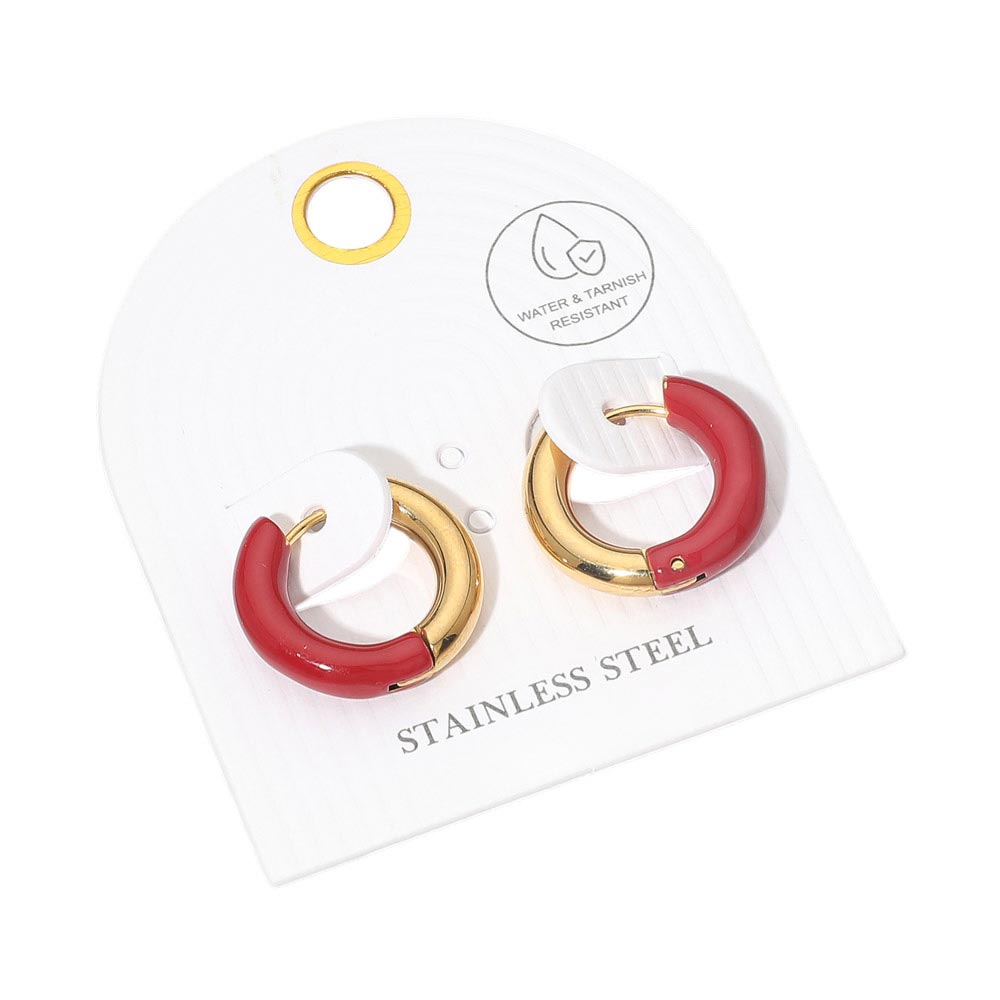 Madeline Love Burgundy, Gold Stainless Steel Two Tone Chunky Huggie Hoop Earrings - desc