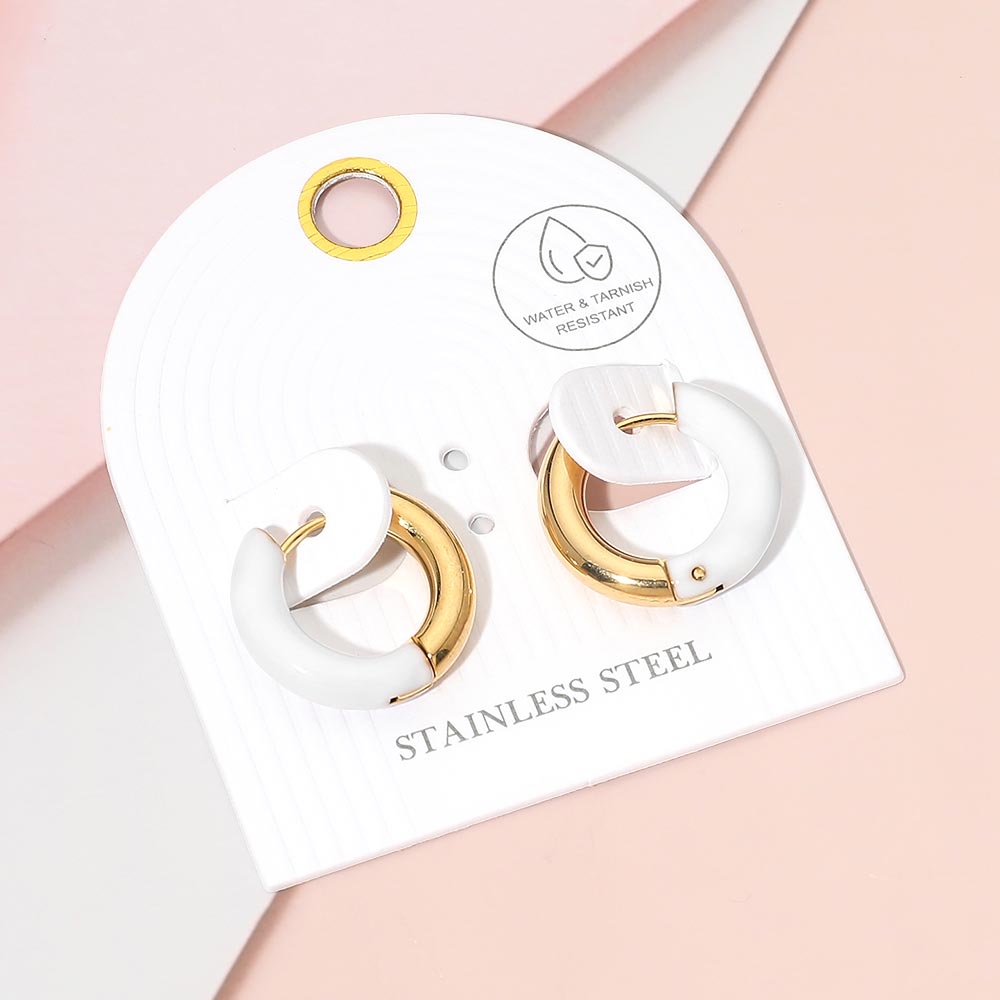 Madeline Love Gold, White Stainless Steel Two Tone Chunky Huggie Hoop Earrings