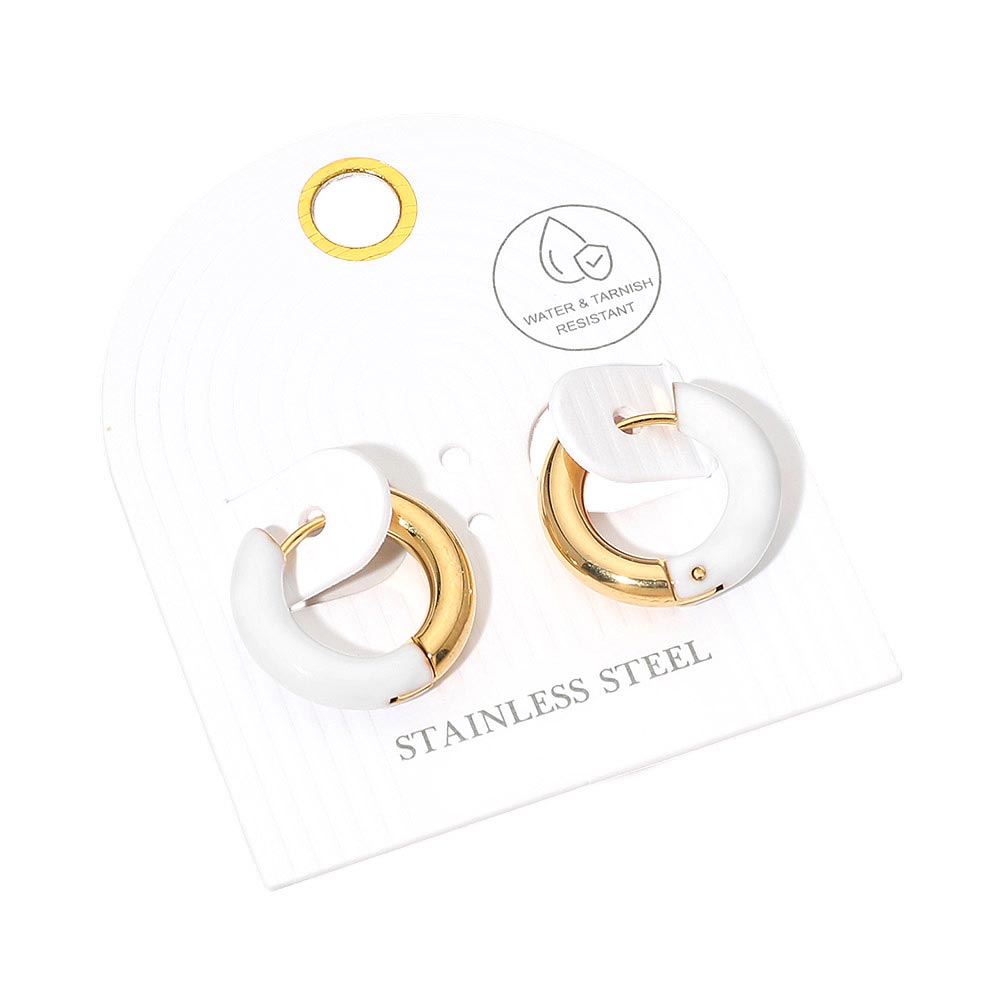 Madeline Love Gold, White Stainless Steel Two Tone Chunky Huggie Hoop Earrings - desc
