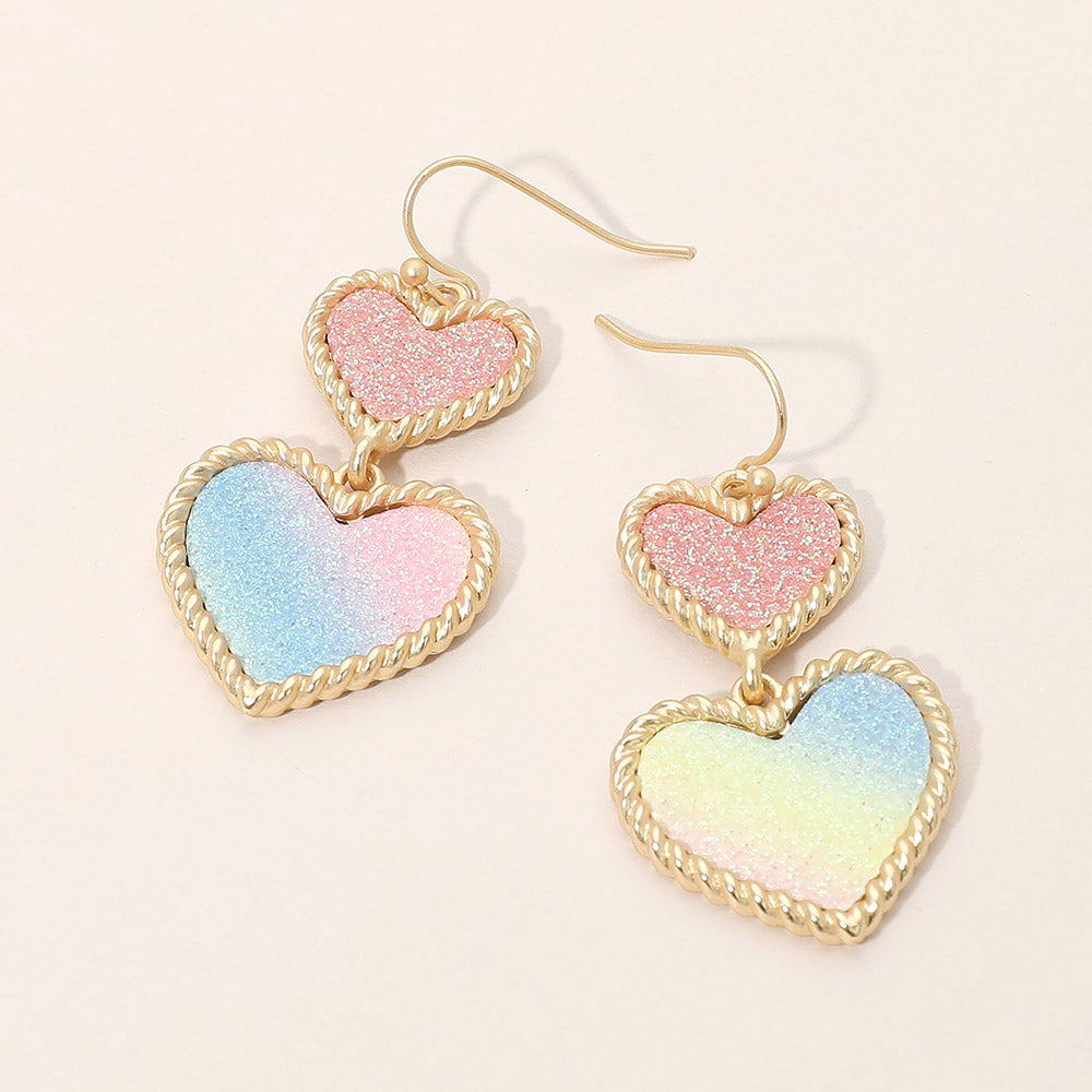 Madeline Love Multi, Pink Glitter Double Heart Link Drop Dangle Earrings