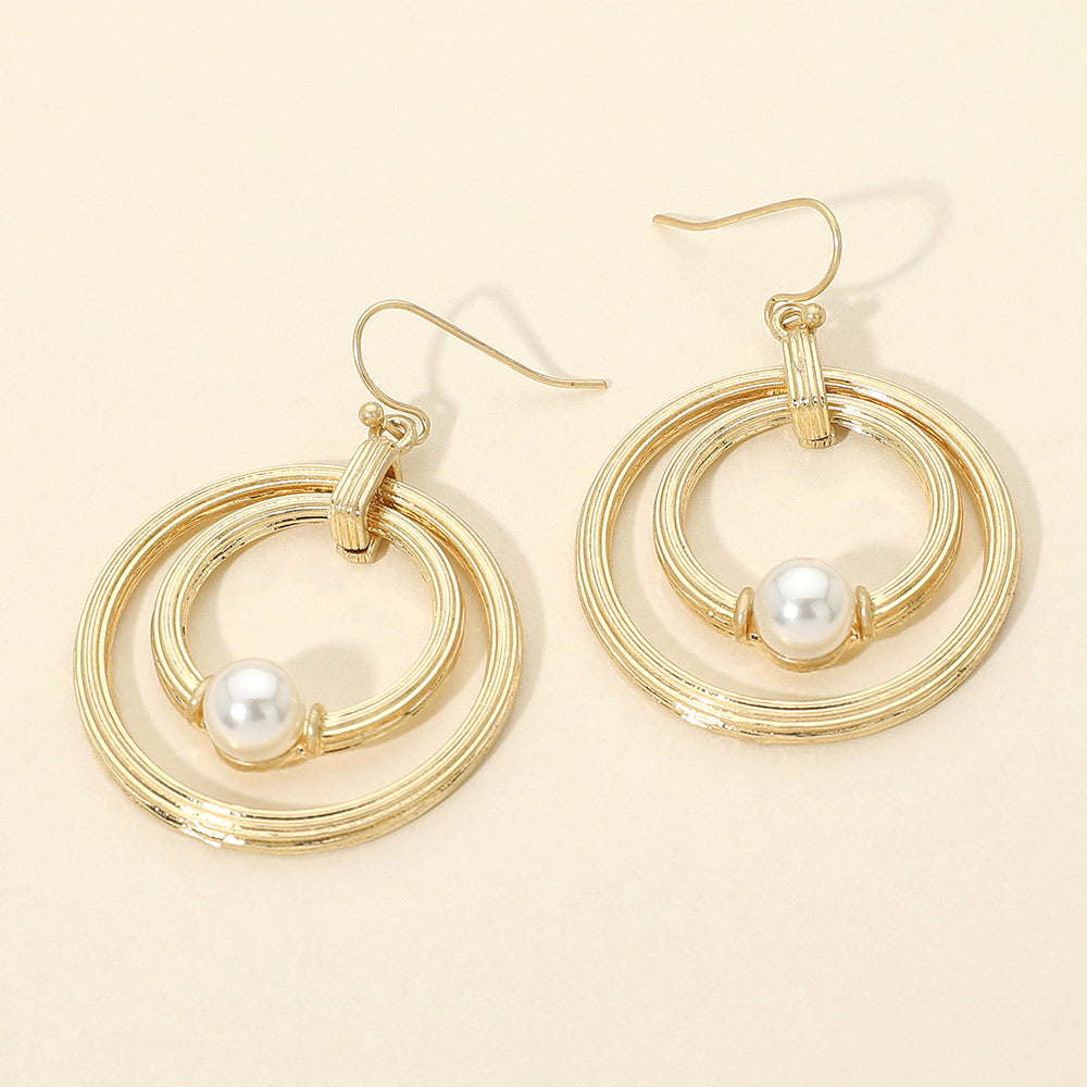 Madeline Love Worn Gold Pearl Accent Textured Chunky Layered Double Hoop Drop Dangle Earrings