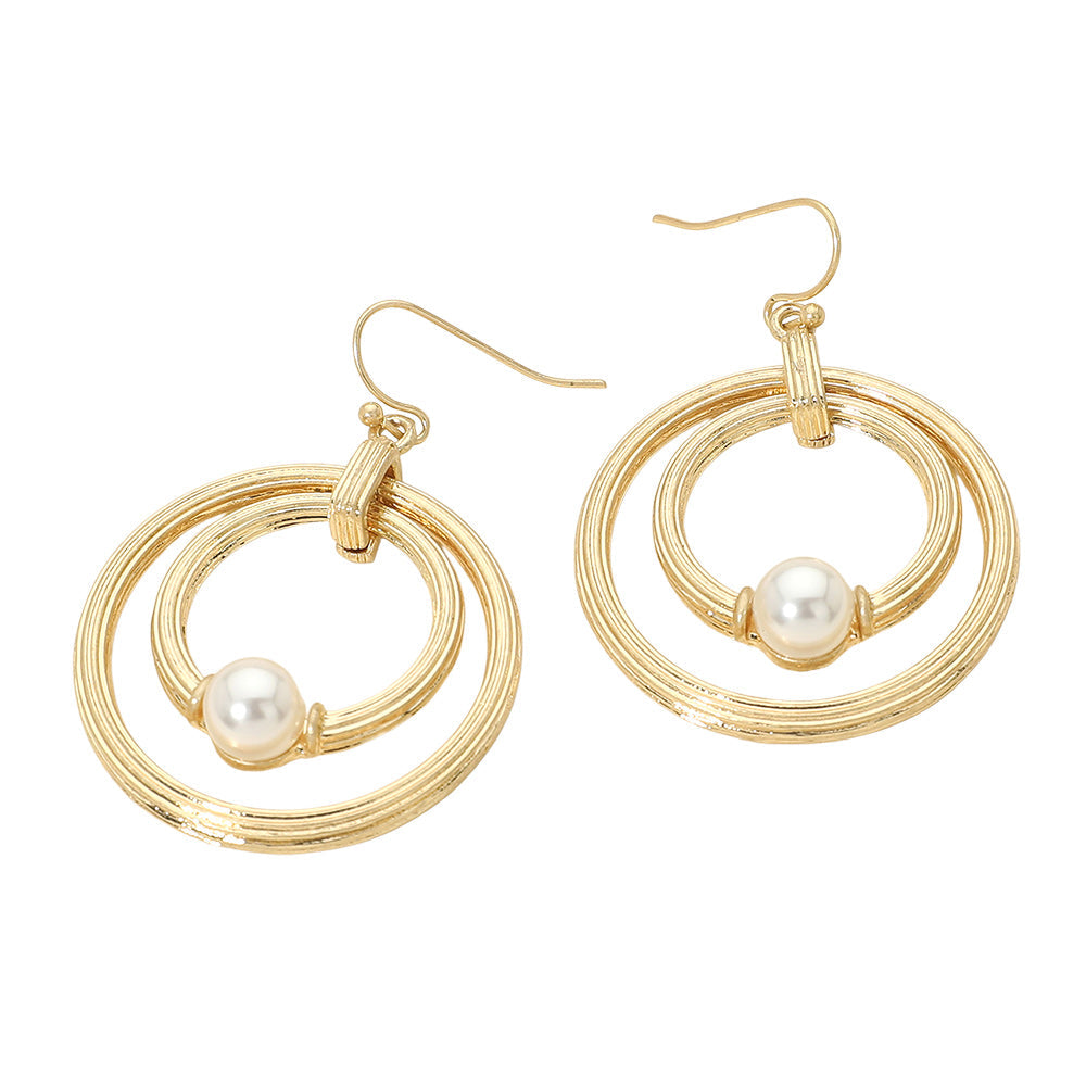 Madeline Love Worn Gold Pearl Accent Textured Chunky Layered Double Hoop Drop Dangle Earrings - desc