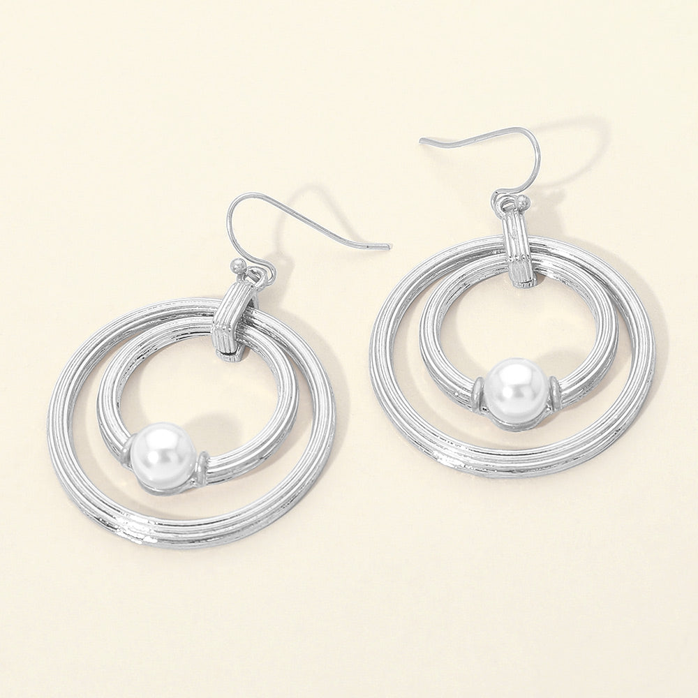 Madeline Love Worn Silver Pearl Accent Textured Chunky Layered Double Hoop Drop Dangle Earrings