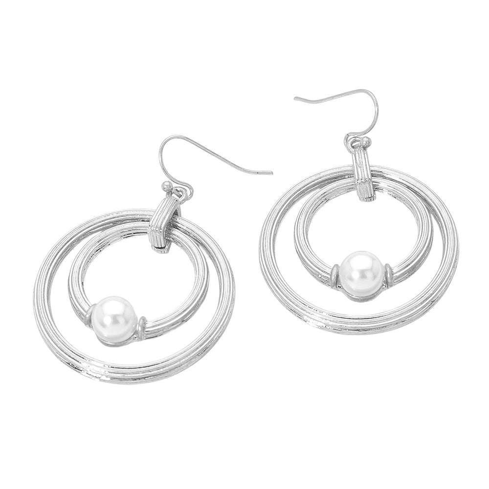 Madeline Love Worn Silver Pearl Accent Textured Chunky Layered Double Hoop Drop Dangle Earrings - desc